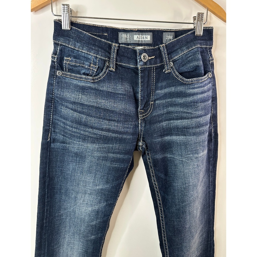 BKE Aiden Jeans Mens 28 Dark Wash Blue Boot Leg Bootcut Denim Stretch Whiskering - Picture 3 of 12